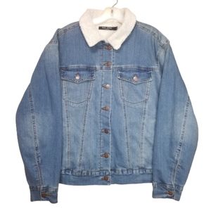 Sherpa‎ Lined Max Jeans Blue Denim Jean Trucker Jacket Size L Cotton Poly Blend